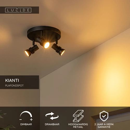 Lucide KIANTI - Plafondspot - Ø 21 cm - 3xGU10 - Zwart - USP